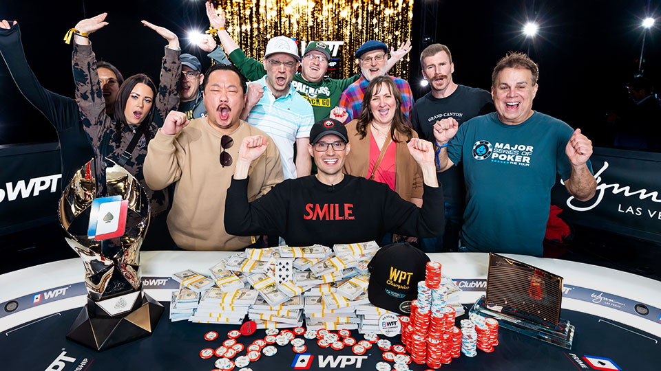Aaron Johnson with friends celebrating his WPT® Prime Championship victory at Wynn Las Vegas December 2025