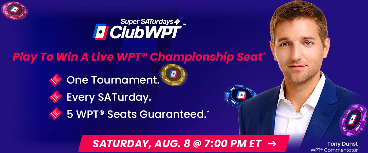 ClubWPT Super SATurdays promotional graphic featuring WPT Commentator Tony Dunst